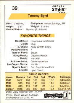 1992 Jockey Star #39 Tommy Byrd Back